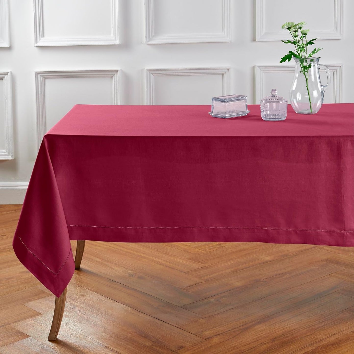 Solino Home Beet Linen Tablecloth 60 x 108 Inch - 100% Pure Linen Hemstitch Table Cloth for Rectangle Tables - Classic Hemstitch, Machine Washable Tablecloth for Fall, Thanksgiving, Christmas, Holiday