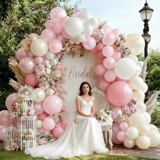 Pearl Pink White Balloon Arch, Double Stuffed Light Pastel Pink Cream White Sand Balloon Garland Kit for Valentines Birthday Baby Shower Bridal Wedding Mother's Day Party Decorations