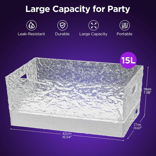 Plastic Ice Bucket Beverage Tubs for Parties, 15Liter / 4 Gallon Large Clear Drink Tub for Champagne Beer Drink Wine Cocktails, 7 Colors LED Light Up with Remote, Leakproof