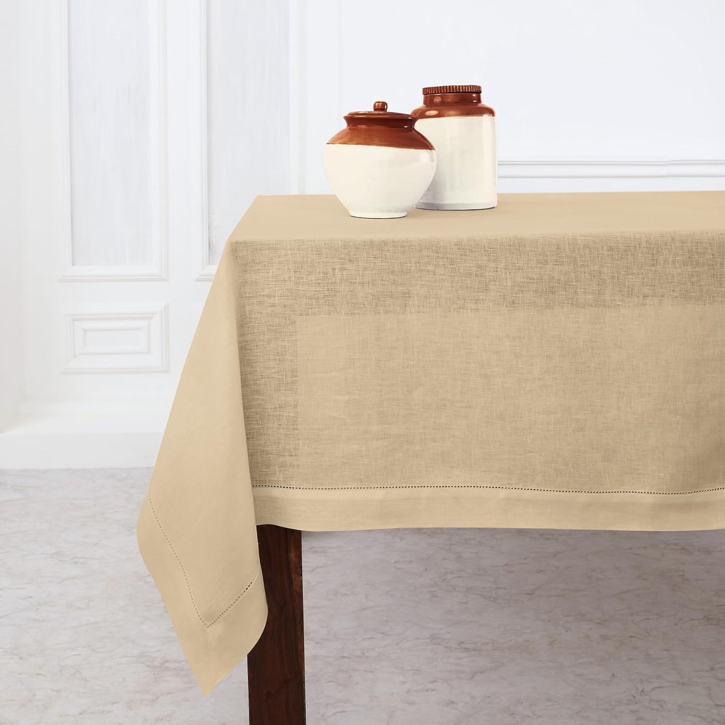 Solino Home Linen Tablecloth for Rectangle Tables 60 x 108 Inch - Classic Hemstitch 100% Pure Linen Beige Table Cloth - Machine Washable Cloth Tablecloth for Fall, Autumn, Thanksgiving, Christmas