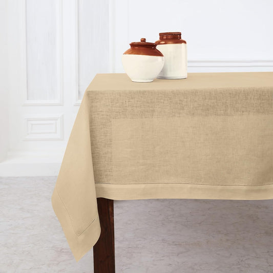 Solino Home Beige Linen Tablecloth 60 x 120 Inch - Classic Hemstitch, 100% Pure Linen Rectangular Tablecloth - Machine Washable Table Cloth for Fall, Autumn, Thanksgiving, Christmas
