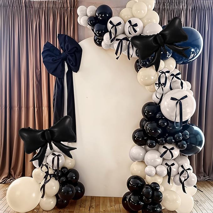 Black Bow Balloon Arch, Black White Coquette Birthday Decorations, Double Stuffed Pearl Sand White Ivory Black Balloon Garland with Foil Bow Balloons for Engagement Wedding Bridal Shower Bachelorette