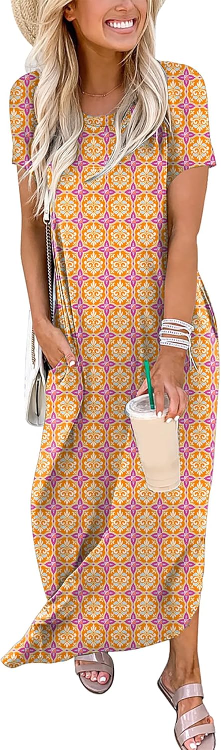 ANRABESS Womens Summer Maxi Dress Short Sleeve Casual Loose Long T Shirt Dresses Split Vacation Beach Sundress Travel Outfits