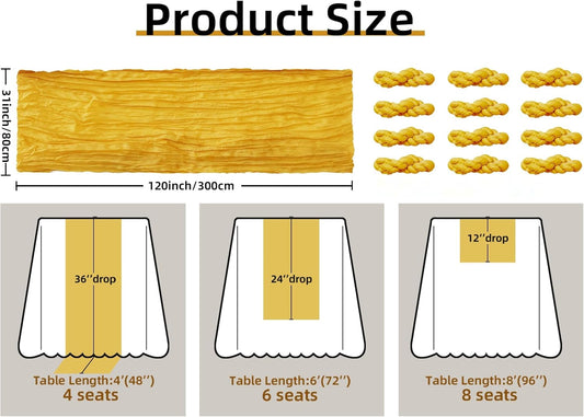 FEXIA 12 Pack Gold Table Runner 35x120 Inches for Summer Decor Baby Shower Decoration Gauze Rustic Table Runner for Wedding Party First Communion Centerpiece Engagement Bridal Shower Boho Decoration