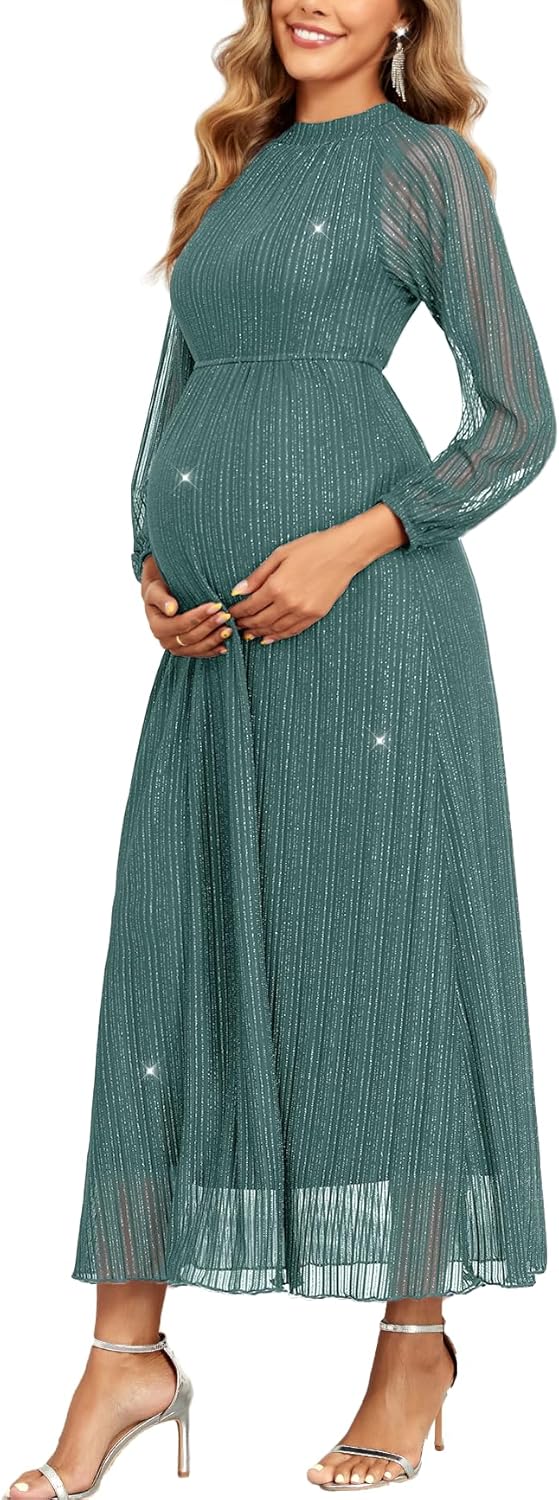 Maternity Sparkly Mesh Dress Halter Neck Sleeveless A Line Pregnancy Dresses Semi Formal Baby Shower Photoshoot
