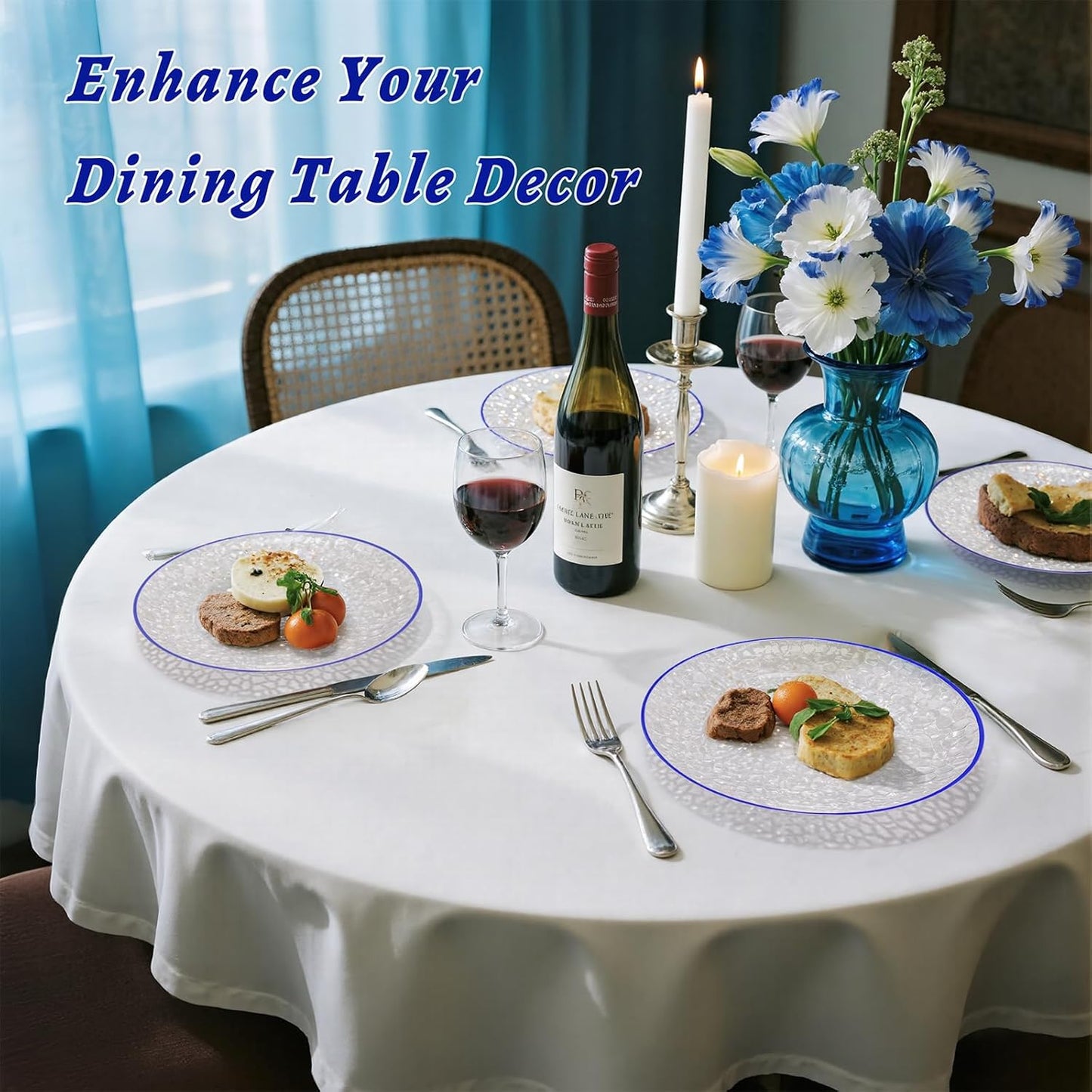Rubtlamp 60Pcs Blue Plastic Plates, Clear Disposable Plates With Blue Rim, Heavy Duty Fancy Party Plates, Hammered Disposable Plates Include 30 Dinner Plates, 30 Dessert Plates For Wedding