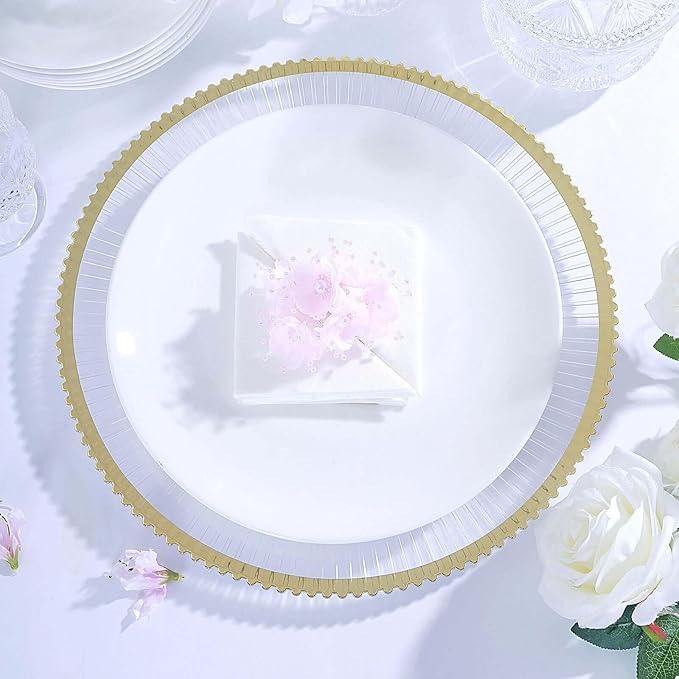 Efavormart 6 Pack | 13" Round Starburst Pattern Clear Plastic Charger Plates with Gold Wavy Rim