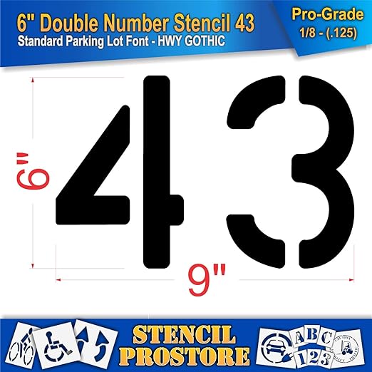 Pavement, Curb, and WheelStop Stencils - 6 inch Double Number Stencil - (43) - 6" x 9" x 1/8" (128 mil) - Pro-Grade