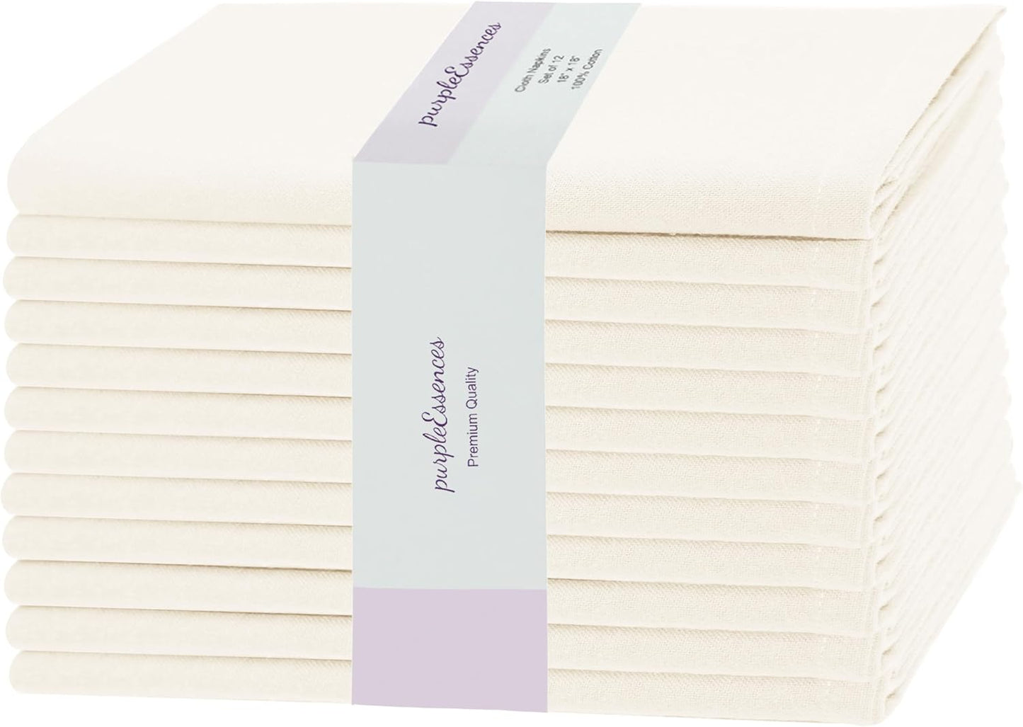 PurpleEssences Set of 12 Cloth Dinner Napkins 100% Cotton 18x18 Inch - Soft Durable Washable - Ideal for Farmhouse Party Fall Thanksgiving - Perfect Everyday Use Table Linen - Cream