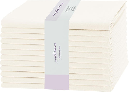 PurpleEssences Set of 12 Cloth Dinner Napkins 100% Cotton 18x18 Inch - Soft Durable Washable - Ideal for Farmhouse Party Fall Thanksgiving - Perfect Everyday Use Table Linen - Cream
