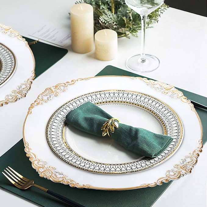 Okllen 12 Pack Plastic Round Charger Plates, 13" Dinner Charger Dessert Plates with Gold Rim, Vintage Charger Serving Plates for Catering, Wedding, Tabletop Decor, White, Floral Trim