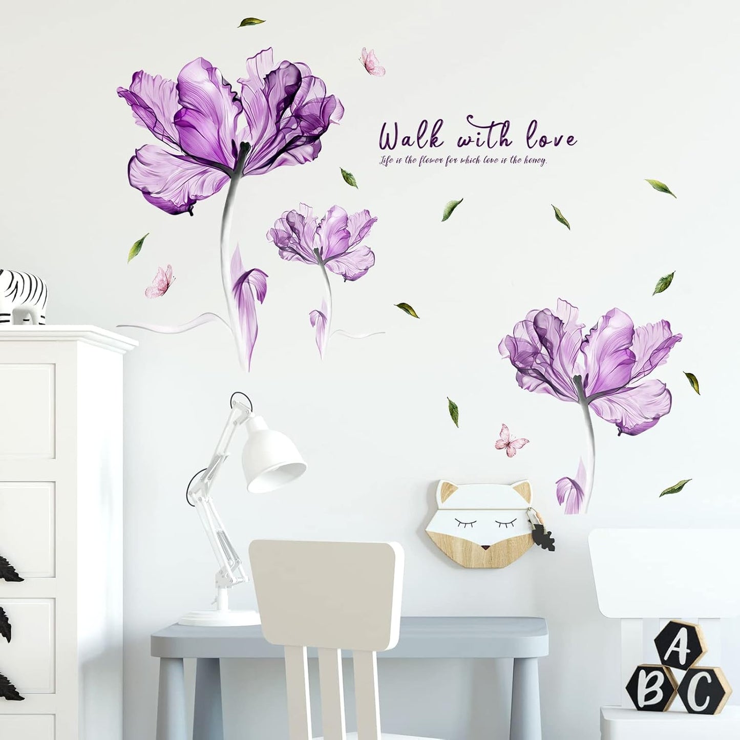 Flowers Wall Sticker Watercolor Purple Floral Wall Decal DIY Butterfly Flower Art Decor Stickers Floral Quotes Saying Wall Decals Mural for Nursery Bedroom Kids Room