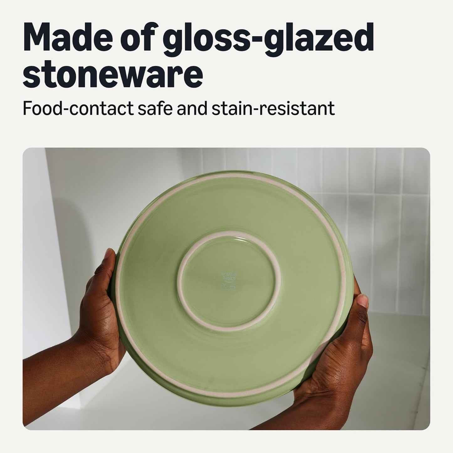 Amazon Basics Glazed Stoneware Dinner Plates, 4-Piece Set, Microwave and Dishwasher-Safe, 10.5 in., Olive