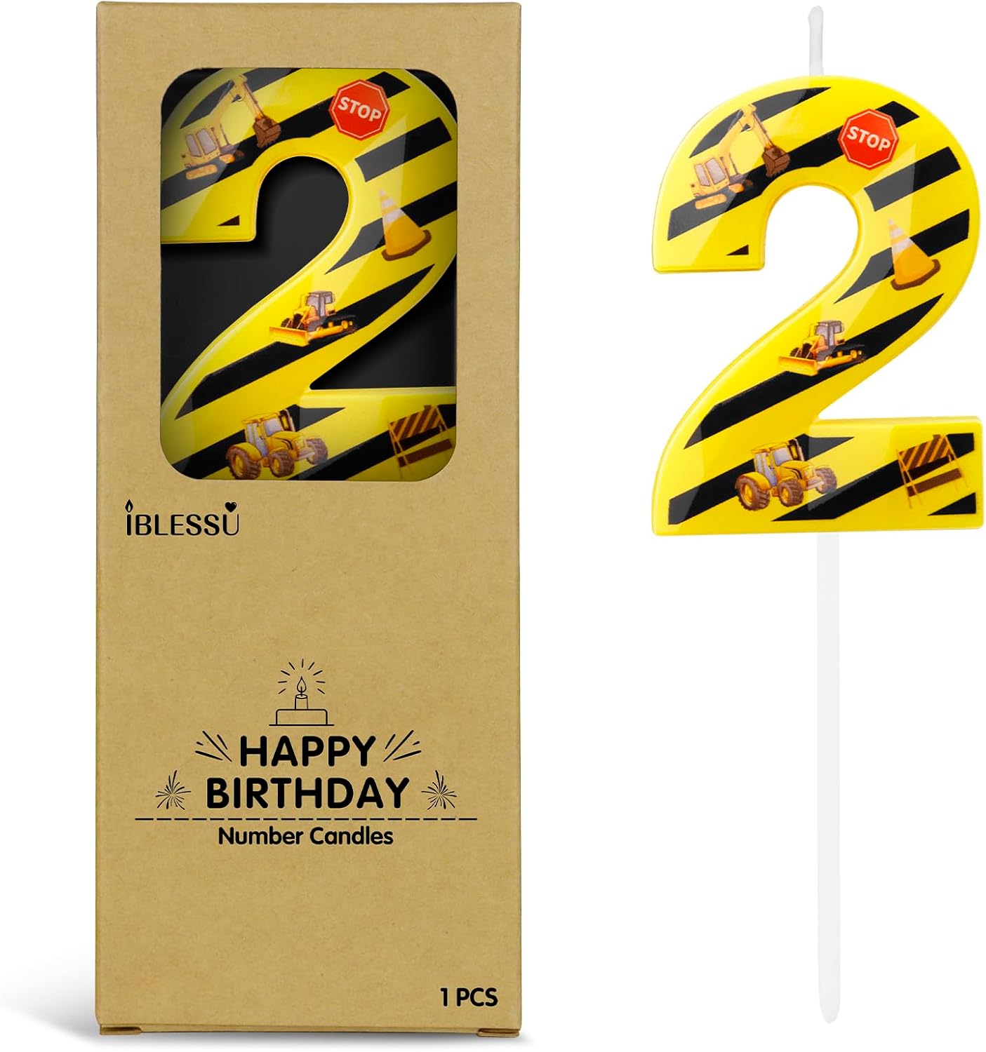 Number 2 Construction Birthday Candle, 2.68 Inch Yellow and Black Striped Candle, Birthday Candles Numbers Construction Cake Topper for Boys Girls, Construction Birthday Party Supplies Decorations