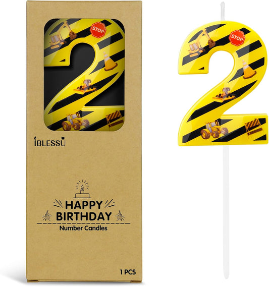 Number 2 Construction Birthday Candle, 2.68 Inch Yellow and Black Striped Candle, Birthday Candles Numbers Construction Cake Topper for Boys Girls, Construction Birthday Party Supplies Decorations