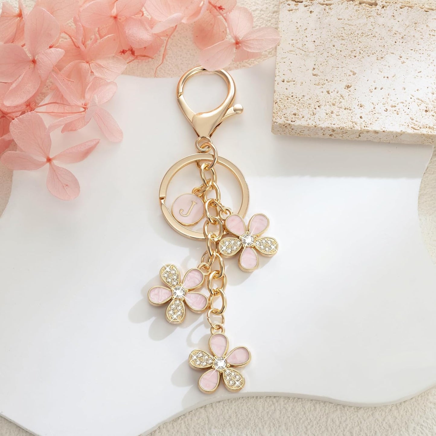 XGALBLA Cute Flower Crystals Rhinestone Initial Letter Keychain for Women, Bag Charms Bling Sparkly Enameled Keychain Handbag