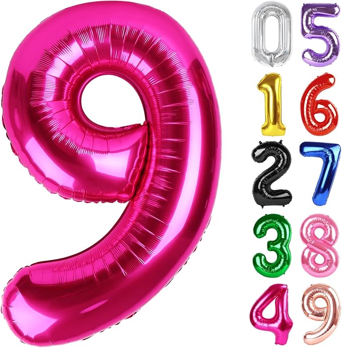Hot Pink Number 9 Balloon 40 Inch, 9th Birthday Party Decorations for Children, Giant 9 Foil Balloon for Party Supplies