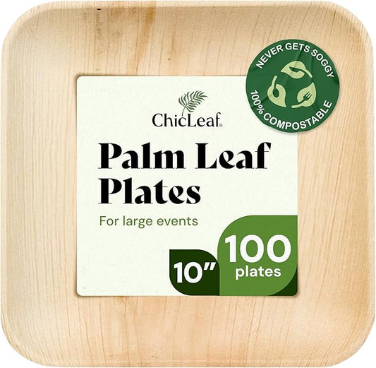 Chic Leaf Palm Leaf Disposable Bamboo Plates - Square Party Plates for Weddings, Parties, Event Appetizers - Biodegradable & Compostable - Romantic Dinner for 2 Party Supplies (10", 100 Pack)