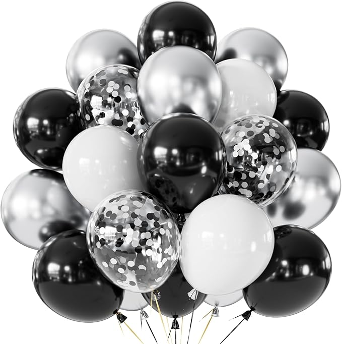 Black and Silver Balloons, 60 Pcs 12 In Metallic Silver, Black, White & Confetti Balloons for New Year’s Eve, Countdown Party, Christmas, Wedding, Birthday, Graduation, Anniversary Decorations