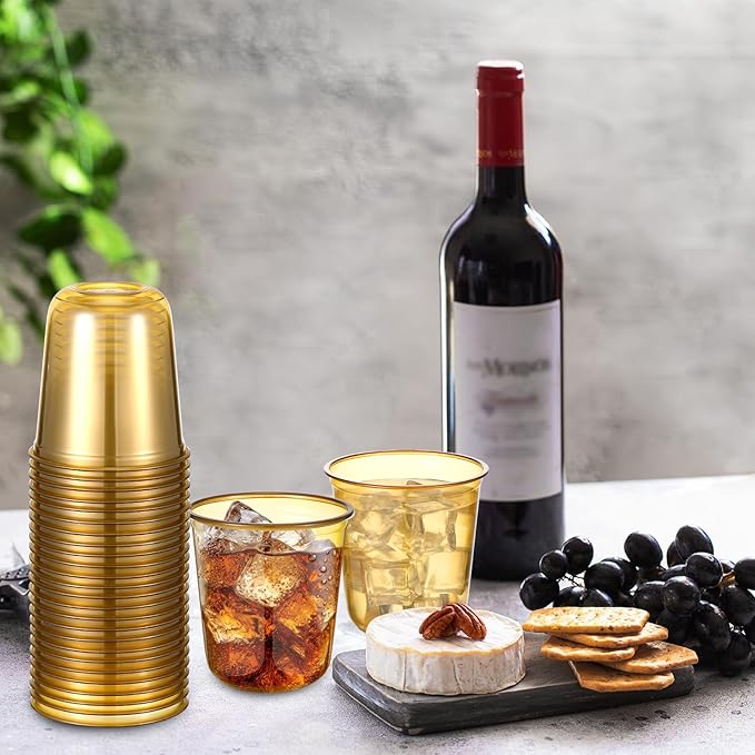 50pcs Disposable Stemless Glasses 12oz Crystal Plastic Wine Glasses Clear Classic Pet Cup for Meeting Weddings Birthdays Cocktail Christmas Party Supplies (Gold)