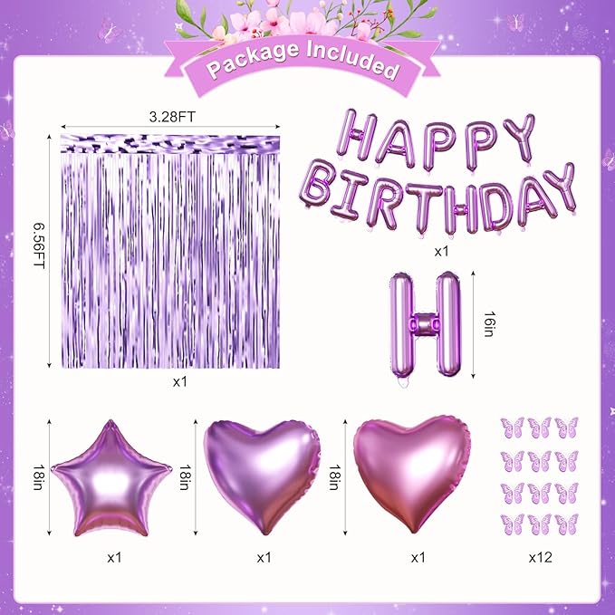 Purple Birthday Decorations for Women Girls, Metallic Dark Dusty Purple White Purple Foil Confetti Balloons Happy birthday Banner Purple Butterfly Fringe Curtains Birthday Decorations