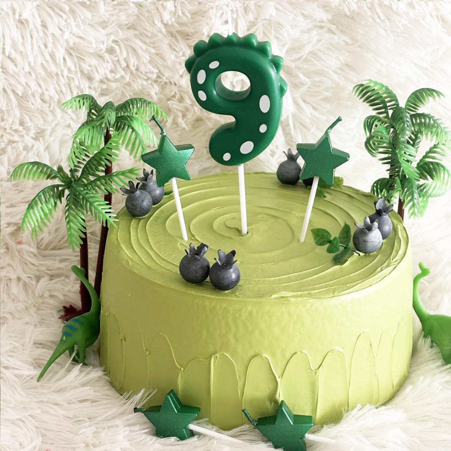 2.75 Inch Green Dinosaur Shaped 9 Number Birthday Candles and Star Birthday Candles,Suitable for Dinosaur Birthday Decorations & Themed Parties Celebration