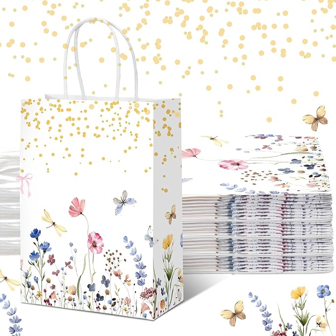 Kolldenn 16 Pcs Wildflower Paper Gift Bags Women Mother's Day Birthday Favor Goodie Candy Bags with Handles for Bridal Engagement Baby Shower Party Supplies