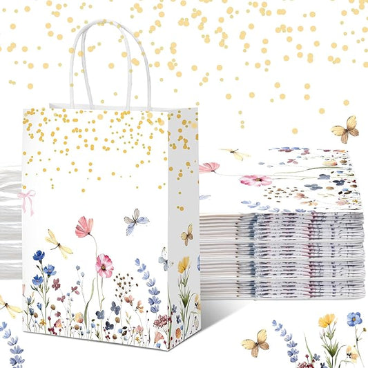Kolldenn 16 Pcs Wildflower Paper Gift Bags Women Mother's Day Birthday Favor Goodie Candy Bags with Handles for Bridal Engagement Baby Shower Party Supplies
