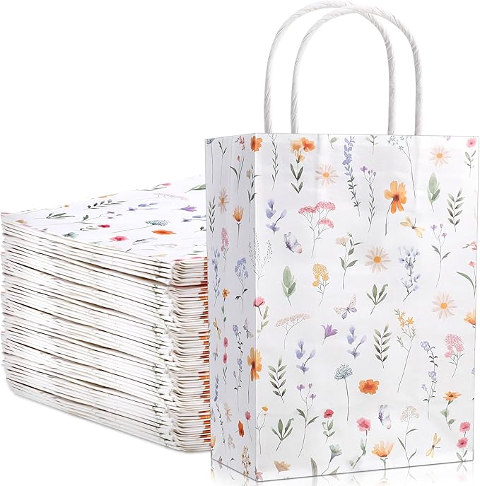 Kolldenn 24 Pcs Welcome Bags for Wedding Hotel Guests Birthday Party Paper Gift Bags with Handles for Halloween Bridal Birthday Party Favor, 8.3'' x 5.9'' x 3.1''(Wildflower)