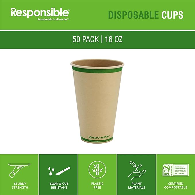 Responsible Products Certified Compostable 16 oz Paper Cups, Cold ＆ Hot Coffee Cups, Disposable Paper Cups, Extra Strength Disposable Cups, Made without PFAS (50 count)
