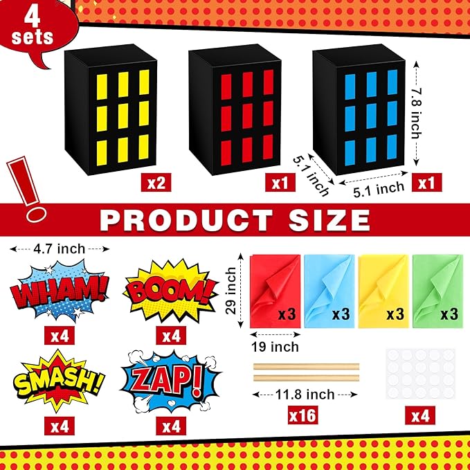 4 Sets Hero Theme Party Decoration Hero Boxes Centerpiece (7.9 x 5.1 x 5.1 Inch) Sticks with Tissue Paper Standing Cards Birthday Baby Shower Party Supplies (Red,Yellow,Blue)