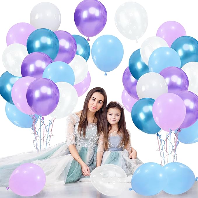Blue and Purple Balloons, 60pcs 12Inch Macaron Metallic Blue Purple Snowflake Confetti Latex Balloons with Ribbon for Girls Party Snowflake Ice Snow Theme Birthday Party Decoration