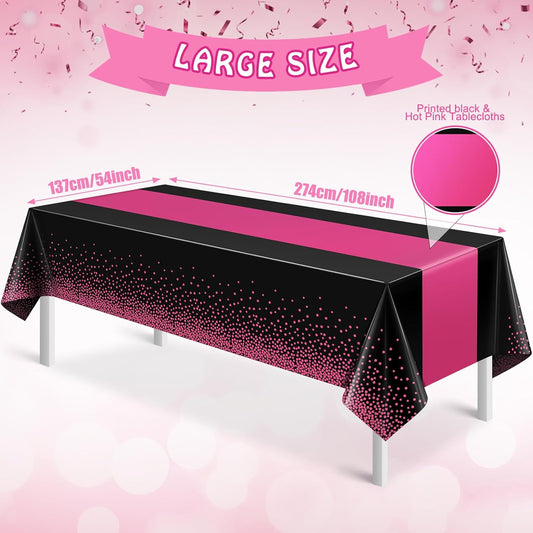 6Pcs Black Hot Pink Tablecloth Party Decorations,Plastic Black Table Cloth Printed Hot Pink Table Runner Disposable Rectangle Cover for Birthday Wedding Anniversary Graduation Party,54x108 Inch