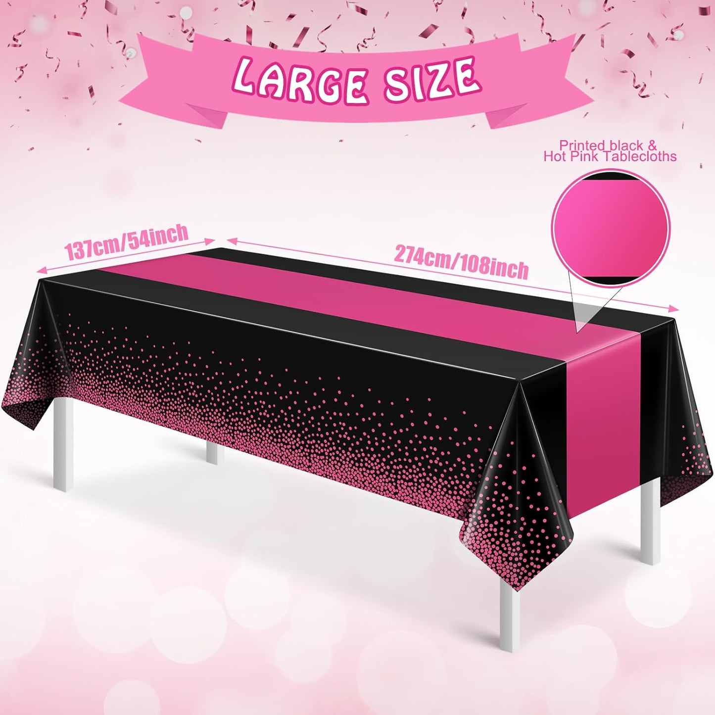 3Pcs Black Hot Pink Tablecloth Party Decorations,Plastic Black Table Cloth Printed Hot Pink Table Runner Disposable Rectangle Cover for Birthday Wedding Anniversary Graduation Party,54x108 Inch