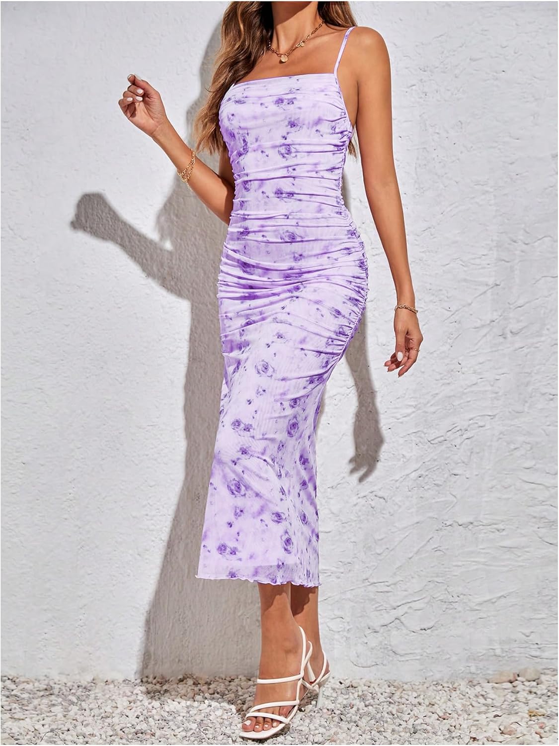 GORGLITTER Women's Floral Ruched Bodycon Midi Dress Mesh Sleeveless Fishtail Cami Dresses