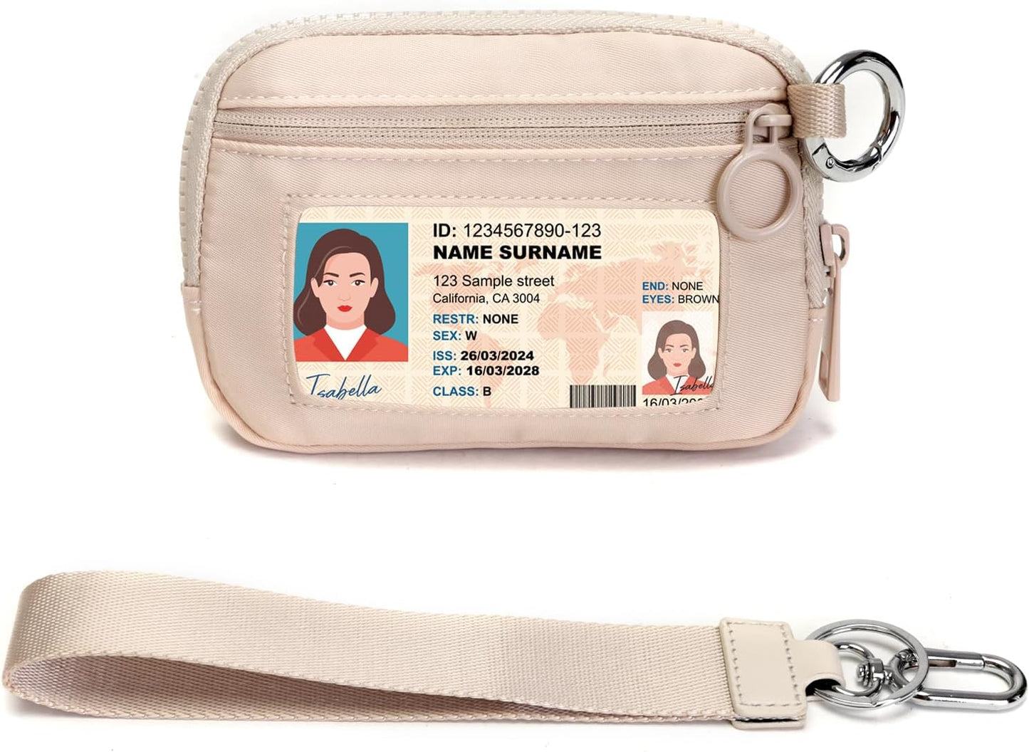 Beige Mini Zip Card Case for Women with Clear ID Window, Coin Purse, Lightweight Small Zipper Wallet,Portable Organizer