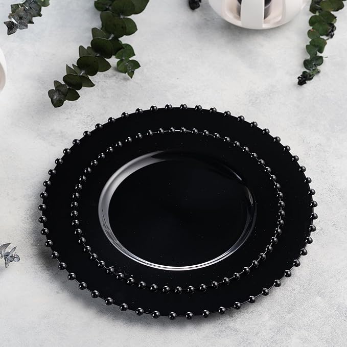 PLASTICPRO 128 Piece Combo Plastic Dinner Plates Disposable Plastic Fancy Heavy Duty Party Dishes 7 inch and 10 inch, Black Beaded