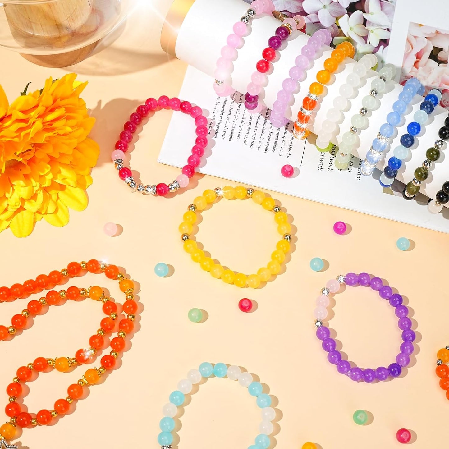 Sistenia 8mm Glass Beads Jewelry Making Kit, 24 Colors Crystal Beads for Bracelets Round Beads DIY Crafts with Spacer Beads Accessories