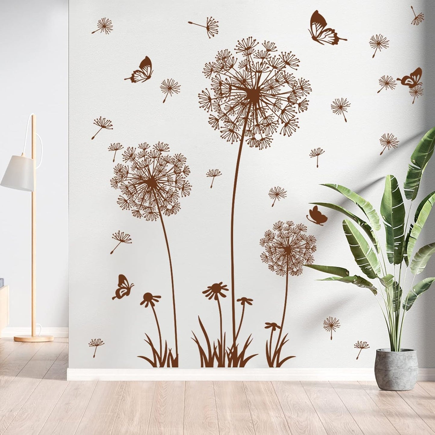 Supzone Dandelion Wall Stickers Flower Wall Decals Butterflies Flying Wall Decors Wall Art Stickers for Bedroom Living Room Sofa Backdrop TV Wall Decoration(Brown)