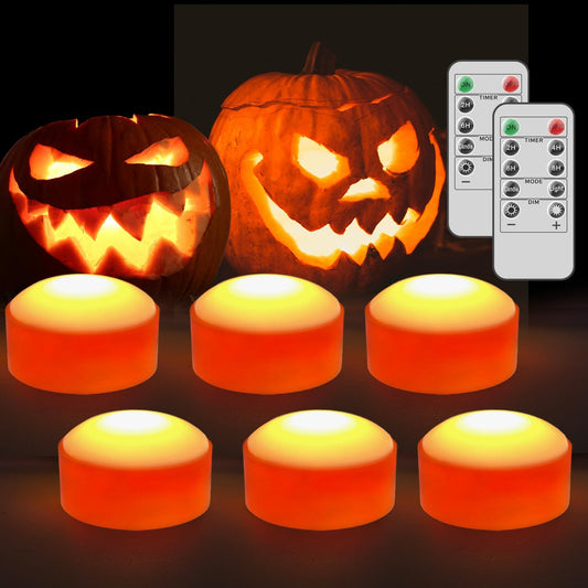 Halloween LED Pumpkin Lights, 6 Pack Battery Operated Jack-O-Lantern Lights with Remote Control and Timers, Orange Flickering Flameless Candles Ideal for Halloween Pumpkin Decorations