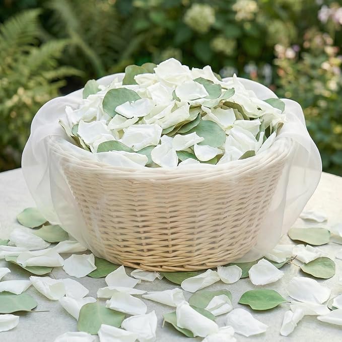 Eslibin 500+PCS Real White Rose Petals & Natural Eucalyptus Leaves, 4.23oz (120g) – Freeze Dried Flower Petals Confetti for Wedding Flower Girl Toss, Aisle Runner, Table Scatter, Bridal Shower Decor