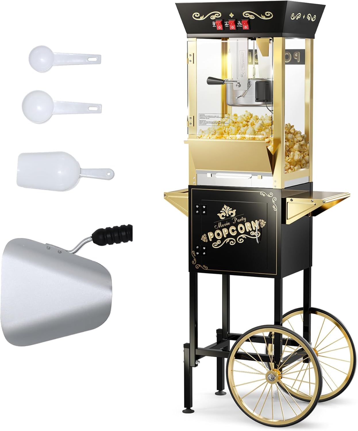2025 Upgraded 12 oz Popcorn Machine Cart, Popcorn Maker Machine with Stainless-Steel Kettle Makes Up to 48 Cups, Movie Theater Pop Corn Machine with 3-Switch Control & Tempered Glass Doors, Black