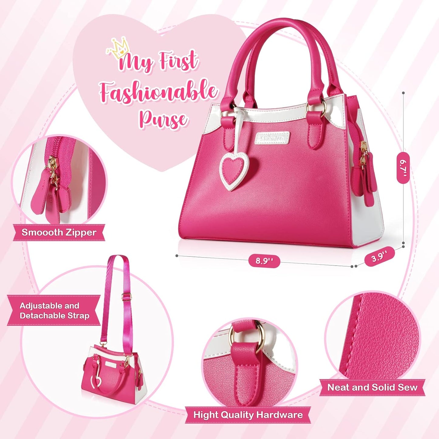 Shemira Play Purse for Little Girls, Princess Pretend Toys for Girls 3 4 5 6 7 8 Years Old, Christmas & Birthday Gift for Kids Age 3-5 4-6 6-8, Toddler Purse with Accessories, Kids Toy Purse,Pink
