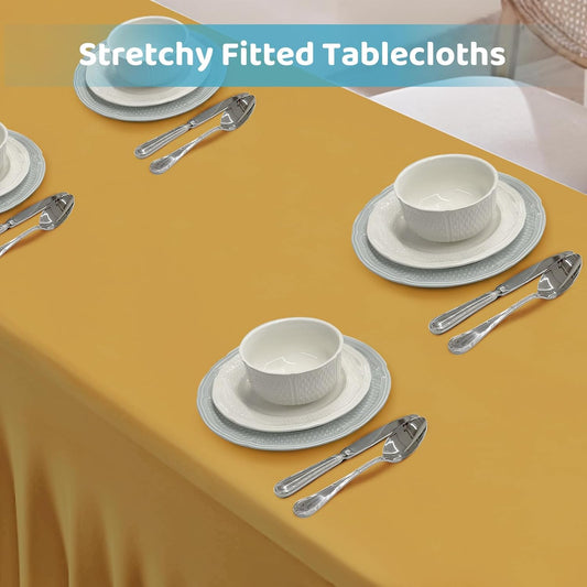 Table Skirts for 8ft Rectangle Tables - 1PCS Champagne Table Covers for 8 Foot Tables, Wrinkle Resistant Ruffles Elastic Table Cloths and Table Skirt for Banquets/Weddings/Parties/Birthday