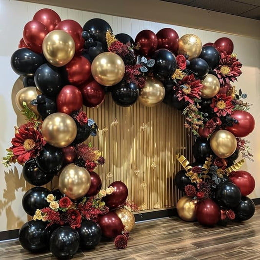 Burgundy Black Gold Balloon Garland Double Stuffed Dark Red Gold Maroon Black Balloon Arch Kit for Birthday Graduation Anniversary Prom Party Decoration