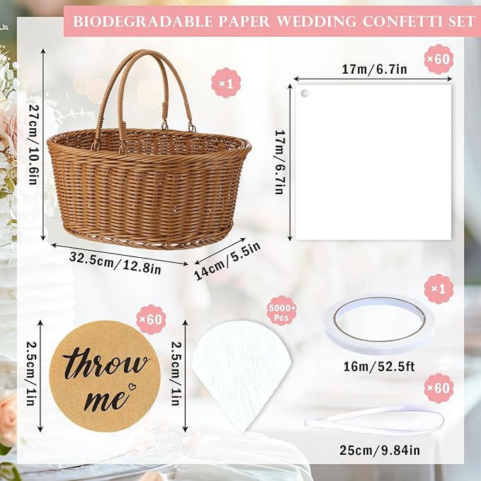 Biodegradable Wedding Confetti 5000 Paper Hydrangea Flower Petals with 60 Throw Me Stickers 60 Biodegradable Cones 1 Basket White Flower Petals for Wedding Ideas Romantic Night Decor