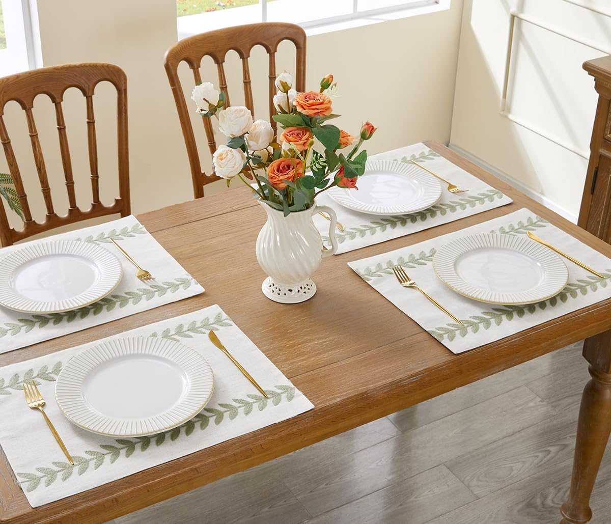 Wracra Embroidered Placemats, 13 x 18 Inch Set of 4 Placemats, Irregular Willow Rustic Place Mats for Kitchen Table and Heat Resistant, Light Sage Green 4PCS