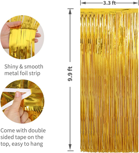 Crosize 5 Pack 3.3 x 9.9 ft Gold Foil Fringe Curtains Party Decorations, Gold Tinsel Curtain Backdrop for Parties, Door Streamers, Glitter Streamer Backdrop for Birthday Decoration
