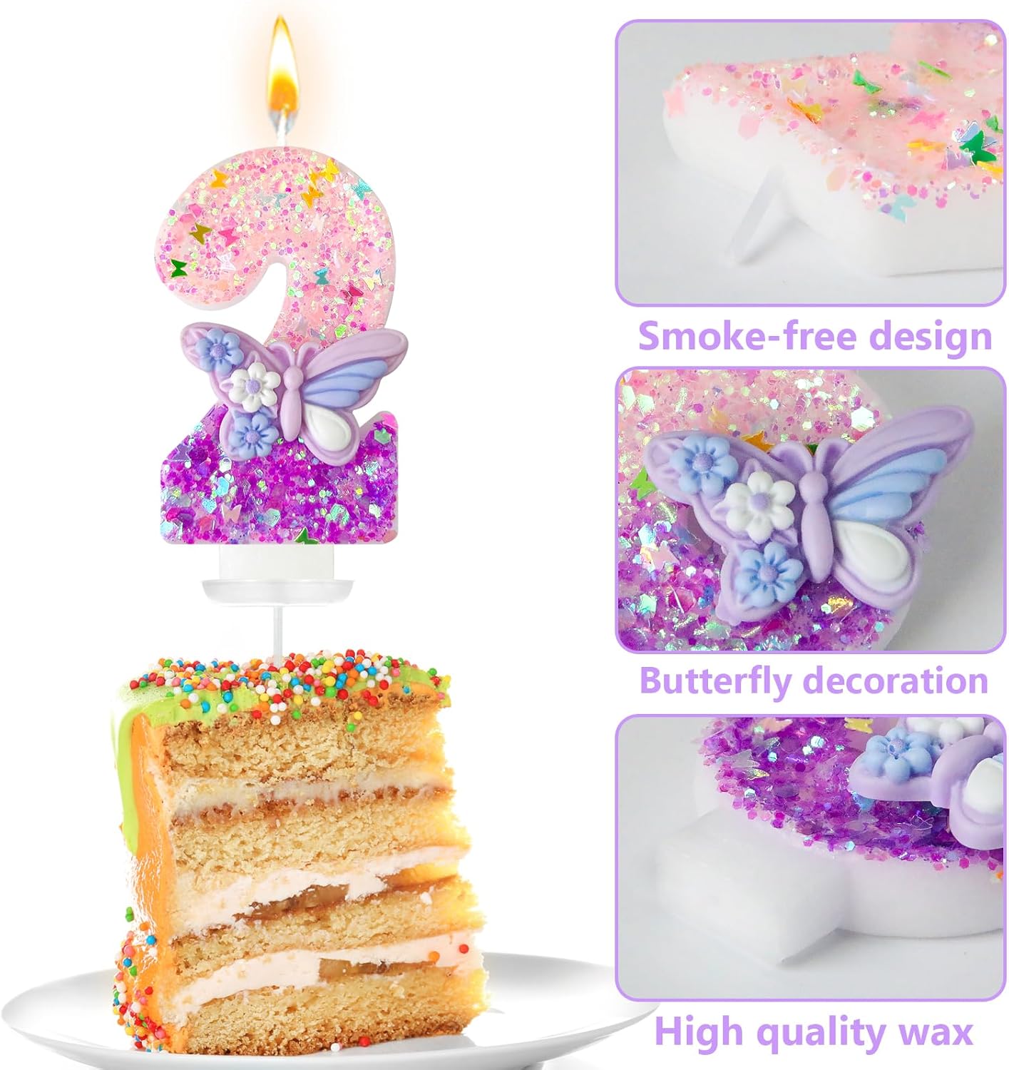 HXOUSE Butterfly Number 2 Birthday Candles - Pink & Purple Butterfly Birthday Candles for Cake, 2 Candle Topper for Anniversary Celebrations Supplies, Fairy Party Decorations for Girl (Number 2)