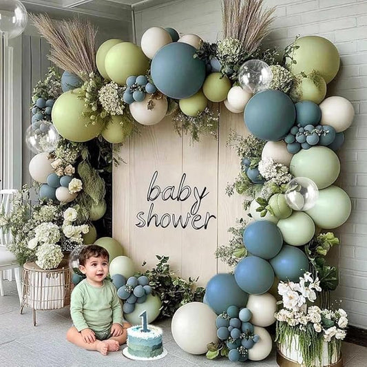 Blue Green Balloon Arch Kit Double Stuffed Dusty Mint Green Slate Blue White Pastel Olive Balloon Garland with Clear Bobo for Baby Shower Bridal Wedding Birthday Goose Easter Valentines Party Decor
